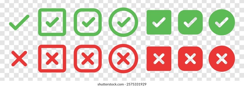 Green check marks and red X symbols in various shapes, including circles and squares, indicating approval and disapproval. Check marks and X symbols repeated. Vector element set.