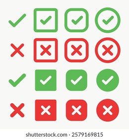 Green check marks and red X marks in various styles. Check marks and X marks in boxes and circles. Symbols for correct and incorrect choices. Vector element set.