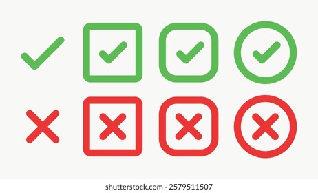 Green check marks and red X symbols in various styles. Check marks and X symbols for approval and rejection. Simple check and X icons for decision-making. Vector element set.