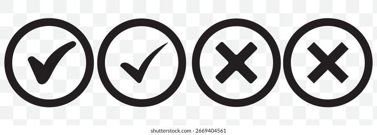 Marcas de verificación verdes y marcas X rojas. Las marcas de verificación indican Aprobación. Las marcas X indican rechazo. Símbolos simples para sí y no. Visualización clara para correcto e incorrecto. Conjunto de elementos de Vector.