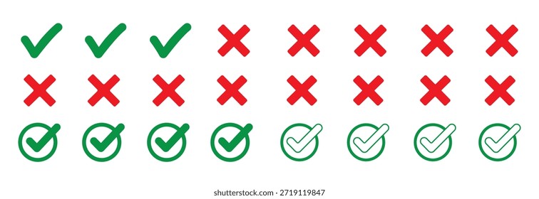 Grüne Häkchen und rote X-Zeichen. Markierungen zeigen die Genehmigung an. X-Markierungen zeigen Ablehnung an. Einfache Symbole für ja und nein. Vektorgrafik.