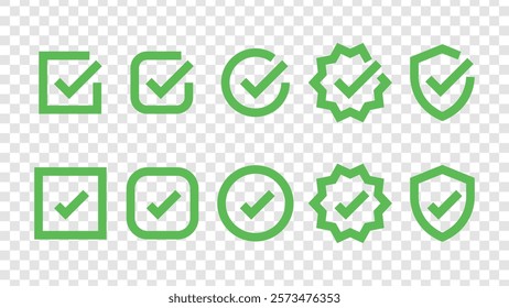 Green check marks in various shapes: square, circle, starburst, shield. Check marks in different styles, all green. Green check marks for approval icons. Vector element set.