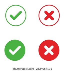 Green check mark,sign and red cross icon isolated on white background.Vector illustration	

