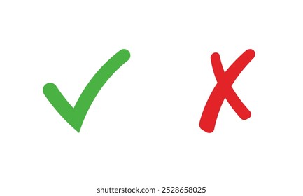 Marca de seleção verde, marca e ícone de cruz vermelha isolado no fundo branco.Design vetor