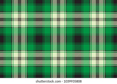 Green check plaid seamless fabric texture. Vector illustration.