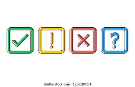 green check, red cross, blue question mark and yellow exclamation point in squares, cartoon style vector icons