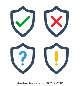green check, red cross, blue question mark, yellow exclamation point, shield thin line vector signs