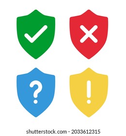 green check, red cross, blue question mark, yellow exclamation point, shield solid line vector signs