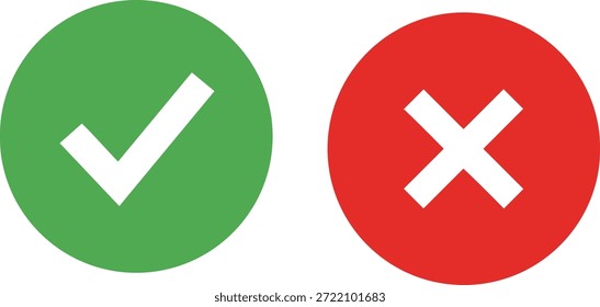 Cheque verde e ícono de cruz roja en Botones circulares, Ilustración vectorial para aprobaciónCheque verde e ícono de cruz roja en Botones circulares, Ilustración vectorial para Aprobación