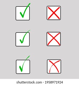 Green check and red cross icons set. Made in three styles. Isolated background. Vector illustration 