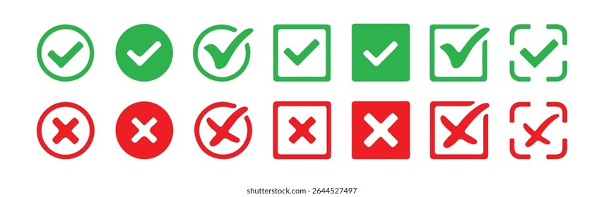 Green Check and Red Cross Icons Set - Tick and Cancel Symbols in Circle and Square Shapes. Vector illustration eps 10