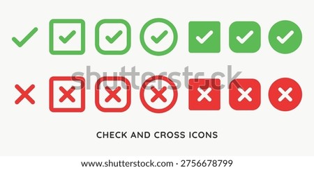 Green check and red cross icons in various styles. Check and cross symbols for approval and rejection. Simple check and cross icons for interface design. Vector element set.