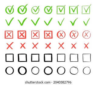 Green check and red cross mark set. Hand drawn doodle sketch style. Vote, yes, no drawn concept. Checkbox, cross mark with square, circle element. Vector illustration.