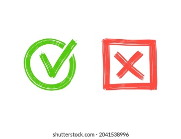 Green check and red cross mark. Hand drawn doodle sketch style. Vote, yes, no drawn concept. Checkbox, cross mark with square, circle element. Vector illustration.