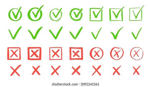 Green check and red cross mark set. Hand drawn doodle sketch style. Vote, yes, no drawn concept. Checkbox, cross mark with square, circle element. Vector illustration.