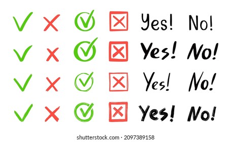 Green check and red cross mark set. Hand drawn doodle sketch style. Vote, yes, no drawn concept. Checkbox, cross mark with square, circle element. Vector illustration.