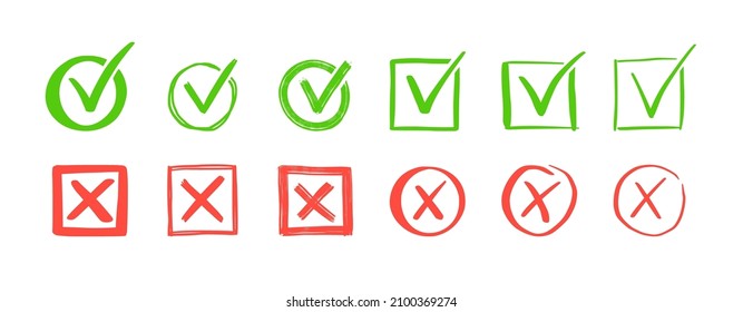 Comprobación verde y juego de cruces rojas. Estilo de esbozo de doodle dibujado a mano. Votar, sí, no dibujar el concepto. Casilla de verificación, marca de cruce con cuadrado, elemento de círculo. Ilustración vectorial.