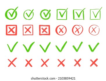 Green check and red cross mark set. Hand drawn doodle sketch style. Vote, yes, no drawn concept. Checkbox, cross mark with square, circle element. Vector illustration.
