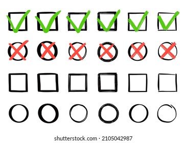 Green check and red cross mark set. Hand drawn doodle sketch style. Vote, yes, no drawn concept. Checkbox, cross mark with square, circle element. Vector illustration.