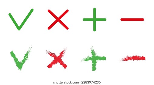Comprobación verde y juego de cruces rojas. Sí, no, ilustración por votación.