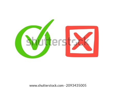 Green check and red cross mark. Hand drawn doodle sketch style. Vote, yes, no drawn concept. Checkbox, cross mark with square, circle element. Vector illustration.