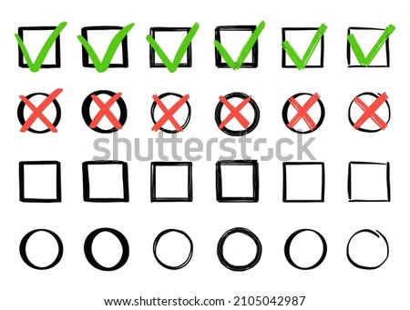 Green check and red cross mark set. Hand drawn doodle sketch style. Vote, yes, no drawn concept. Checkbox, cross mark with square, circle element. Vector illustration.