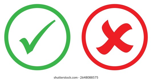 Green check and Red cross round icons. Approval and rejection symbols vector set. Green circular check mark for approval and a red circular cross for error. Vector illustration.