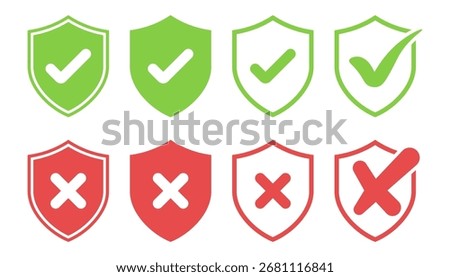 Green check and red cross security shields icons.Vector
