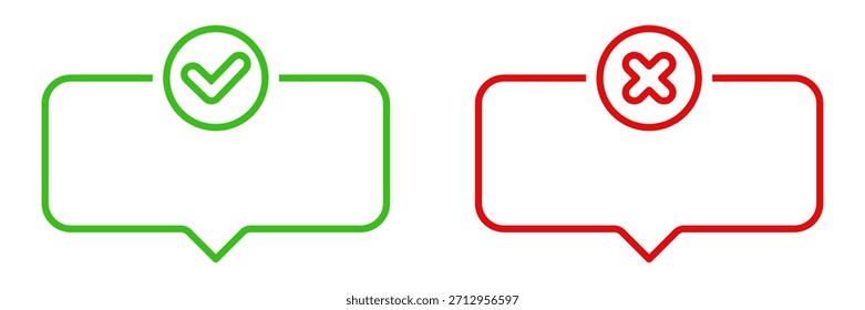 Iconos de línea de burbuja de voz de cruz roja y cheque verde. Aprobación Y Rechazo De La Toma De Decisiones. Indicadores De Comunicación Y Comentarios. Ilustración vectorial aislada.