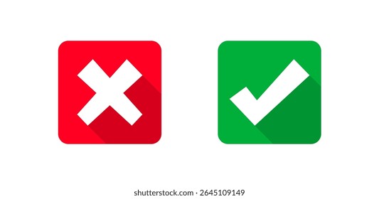Green check and red cross square icons. Flat vector isolated