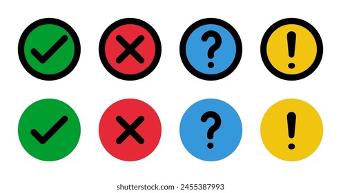 green check and red cross symbols, blue question mark and yellow exclamation point, round thin line vector signs, solid circle icons set