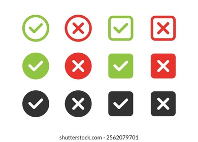 Green check and red cross symbols. Check mark, Tick, and X mark icon. Checkmark and x mark icon. Green checkmark and red cross vector symbol for right and wrong choices.