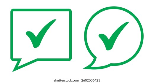 green check and red cross symbols, blue question mark and yellow exclamation point, round speech bubble thin line vector icons set