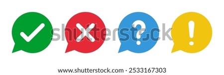 green check and red cross symbols, blue question mark and yellow exclamation point, round speech bubble solid fill vector icons set