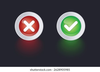 carreaux verts et Image vectorielle croix rouge, icônes rondes brillantes avec bordure métallique sur fond sombre