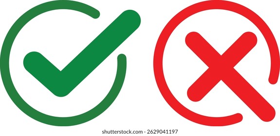 Green Check Red X Circle: Iconos de negación de Aprobación,
Marca de graduación y símbolo de la cruz: Gráfico indicador de Estado,
Conjunto de iconos de error de confirmación: diseño de interfaz de usuario moderno.
