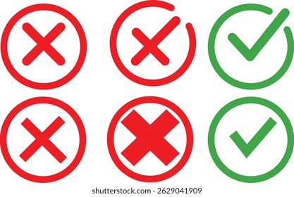 Círculo X vermelho com verificação verde: ícones de negação de aprovação,
Marca de escala e símbolo cruzado: gráfico indicador de status,
Conjunto de Ícones de Erro de Confirmação: Design de Interface do Usuário Moderno.