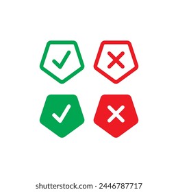 green check sign, red cancel sign set. confirmation symbol and cancel symbol inside a pentagon