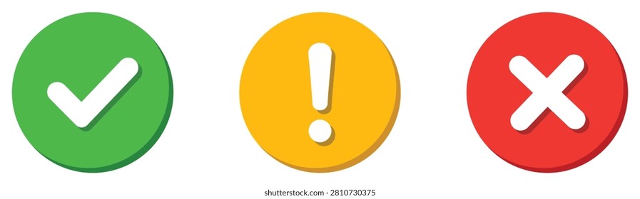 Green check, yellow warning, and red cross mark circular buttons with long shadow effect. Flat vector illustration.