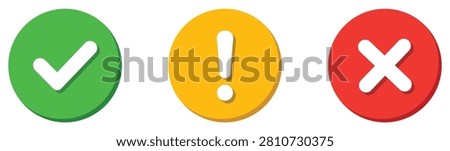 Green check, yellow warning, and red cross mark circular buttons with long shadow effect. Flat vector illustration.