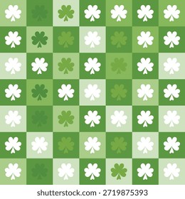 Patrón inconsútil verde de la teja del tablero de ajedrez con los tréboles blancos para el Fondo de pantalla del día de San Patricio