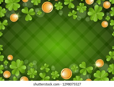 Green checkered background with clovers and coins. St.Patrick 's Day