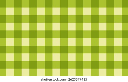Green checkered picnic plaid texture. Gingham or vichy print. Spring or summer tablecloth, blanket or basket napkin pattern. Easter wrapping paper or textile design. Vector flat illustration.