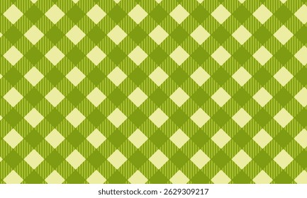 Green checkered picnic plaid texture. Diagonal gingham or vichy print. Spring or summer tablecloth, blanket or napkin pattern. Easter wrapping paper or textile design. Vector flat illustration.