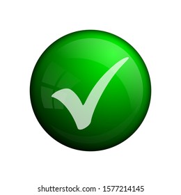 Green checkmark badge or icon, concept element. Vector glass button. Green color. Modern check mark icon or sign for use in web, ui, apps and games.