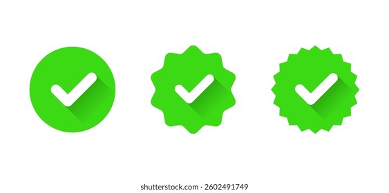Green checkmark badge icon set with long shadow. Rosette tick sign symbol