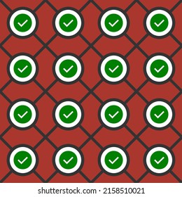 Green checkmark button icon seamless pattern on red background. vector illustration.