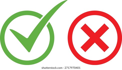 Marca de verificación verde en círculo y cruz roja en círculo correcto