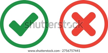 Green checkmark in circle and red cross in circle on white symbols approval
