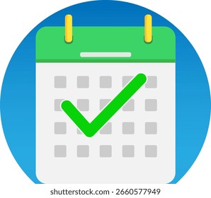 A green checkmark is displayed on a calendar icon against a blue background.